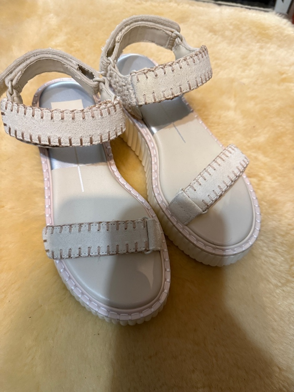 Dolce Vita Cream Suede Platform Sandals with Whipstitch Trim